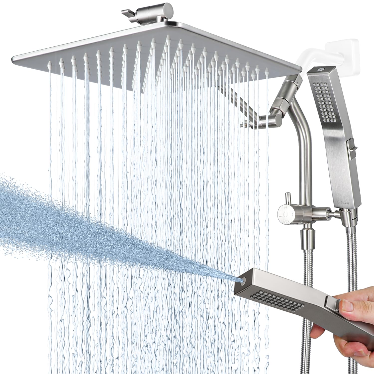 G-Promise All Metal 10 Inches Rain Shower Head with Handheld Built-in Power Wash Mode, 3-way Diverter with Pause Setting, 11 Inches Adjustable Extension Arm with Lock Joint, Long Hose (Brushed Nickel)