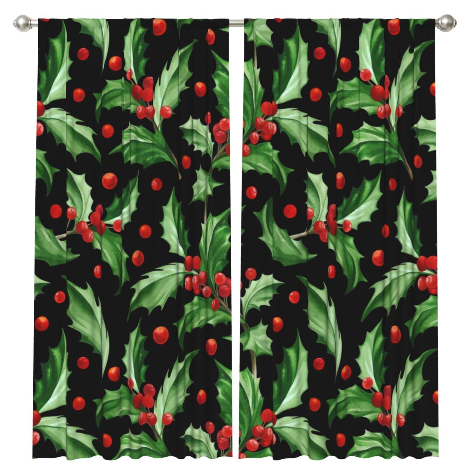 InOmak Merry Christmas Holly, 2 Panels Window Curtains 52 x 84 Inch Blackout Curtains for Living Room Bedroom