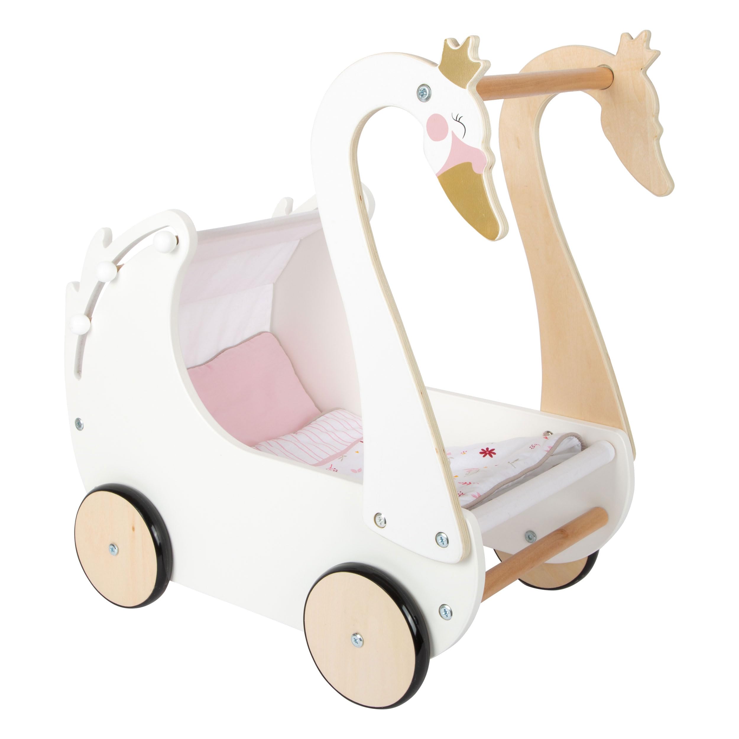 Small Foot Poussette Cygne en Bois, avec literie réversible, pour poupées et Animaux en Peluche jusqu'à 46 cm, Art. 12283