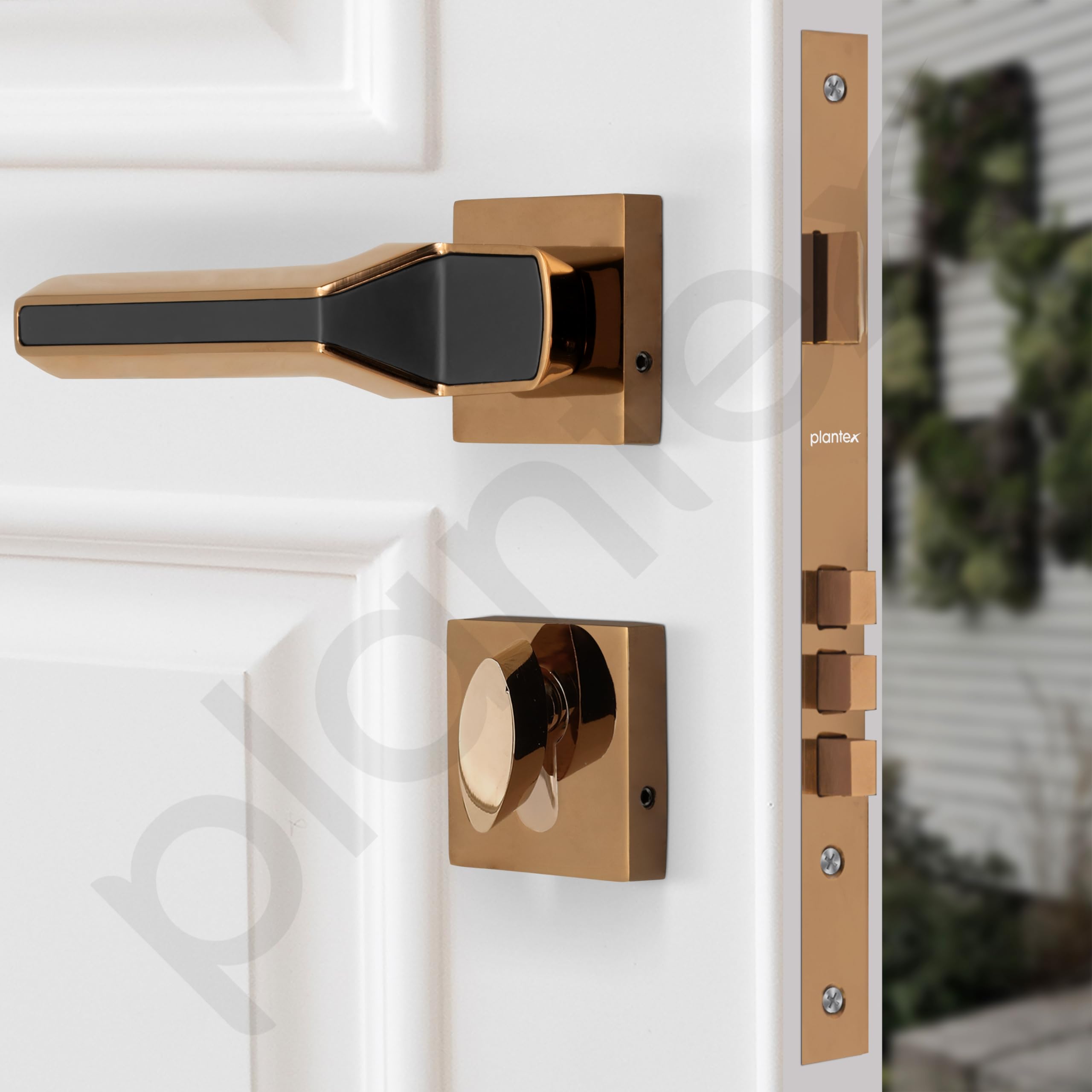 Plantex Mortise Lock - Rose Gold & Black Handle Set -4