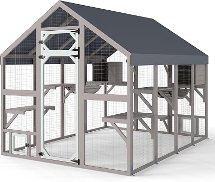 69.7" L Large Catio Outdoor Cat Enclosure,Walk-in Outdoor Cat House with 8 Platforms,2 Hideouts for Playing,Sunbathing,Cat Cage with Oxford Cloth Cover,Window Access for 3-7 Cats,Grey