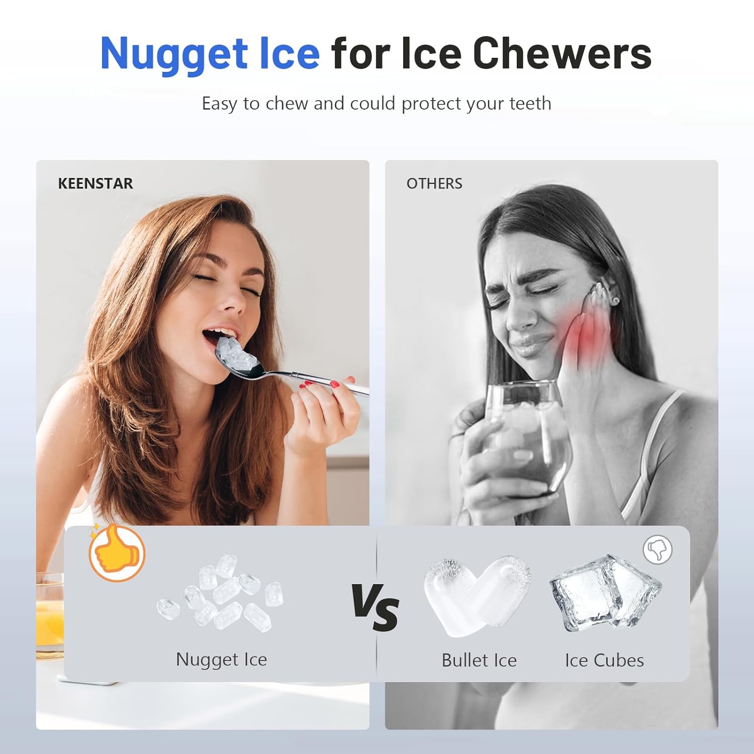 Comparison image showing nugget ice as easy to chew versus bullet ice and ice cubes which can cause tooth pain.