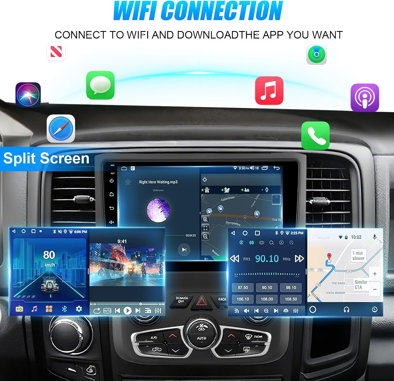 Car Radio Stereo for Dodge Ram 2013-2019 1500 2500 3500 Built with Wireless Carplay/Android Auto 9 inch Head Unit 2G RAM 64G ROM with DSP BT GPS FM WiFi fit Auto AC