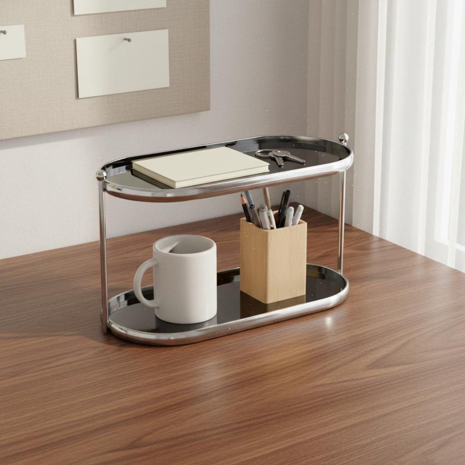 Organizador de Cosméticos Soporte para Maquillaje Estante Acrílico Bandeja de Perfume Organizador Vertical Adecuado para Tocador Mesa Habitación Principal, Plateado Y Crema, Dos Niveles