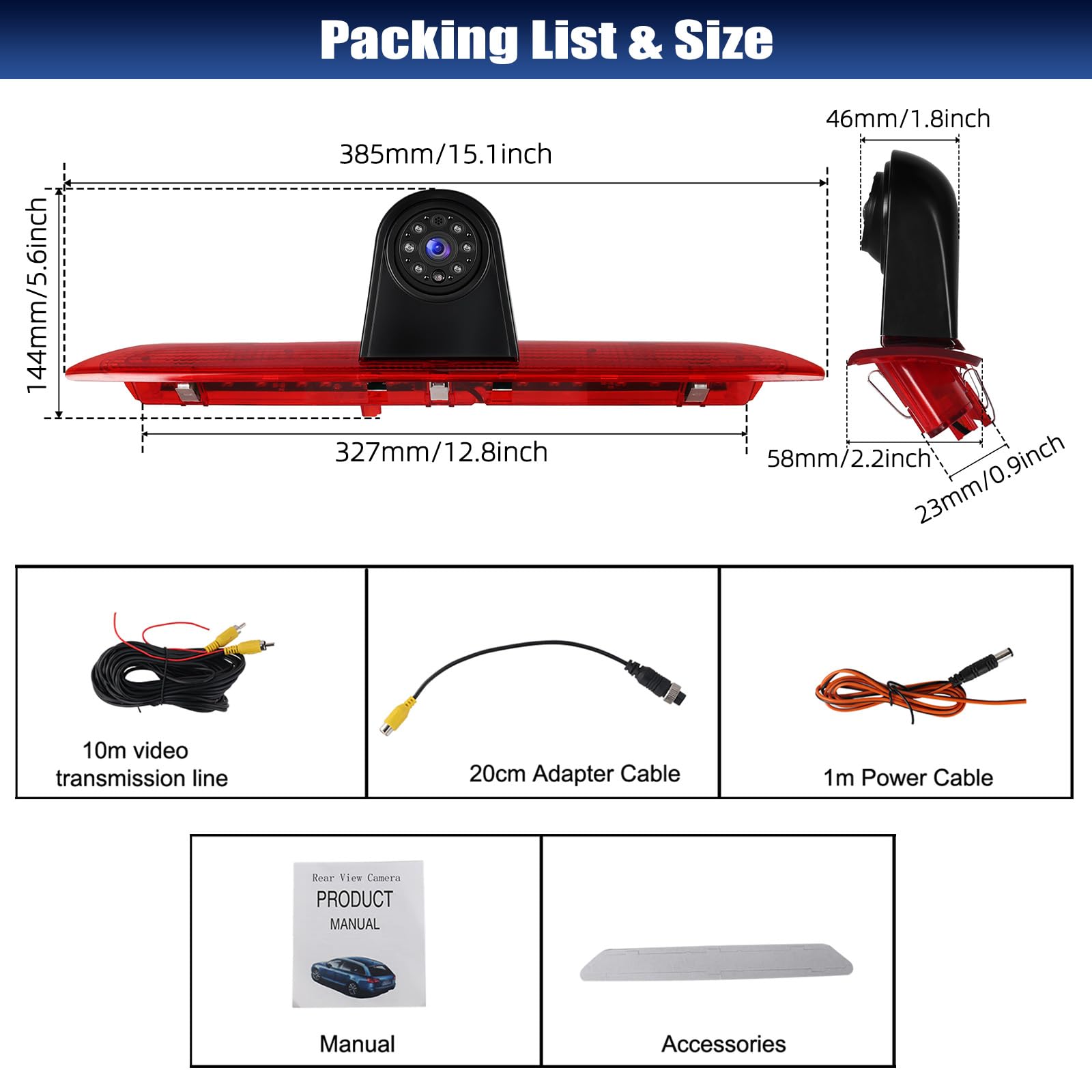 CAMECHO Cámara Trasera HD Visión Nocturna IP67 Cámara Impermeable para Ford Transit 2015-2017 Tercera luz de Freno con Gran Angular 140°, 12V, 10M Conexión por Cable