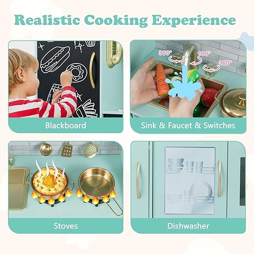 Miniatura 2 de Costzon Kids Kitchen Playset, Wooden Pretend Cooking Toy Set wReal Sound, Large Blackboard, Telephone, Microwave, Ice Maker, Dishwasher, Oven,