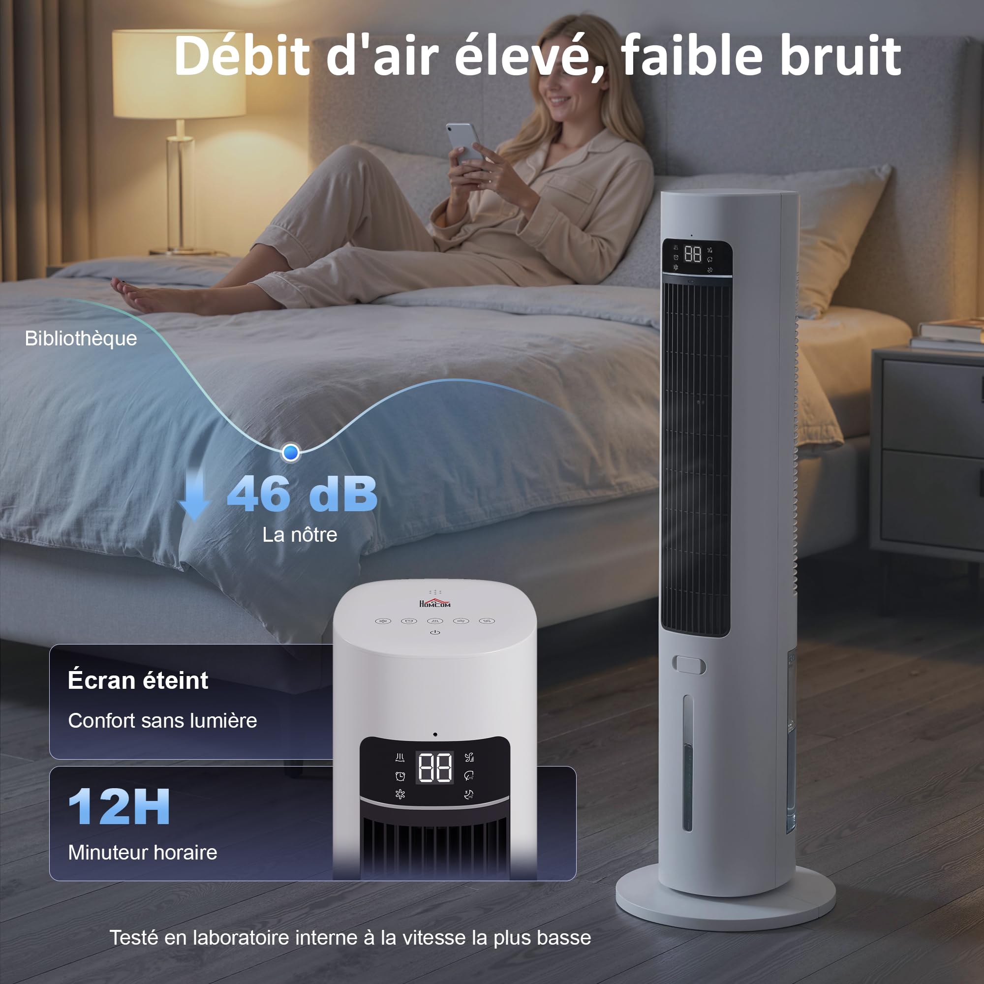 HOMCOM Refroidisseur d'air colonne 3 en 1 refroidisseur humidificateur et ventilateur, oscillation 48°, 3 vitesses 3 modes, réservoir d'eau 3L, blocs de glace, télécommande, pour chambre bureau, blanc