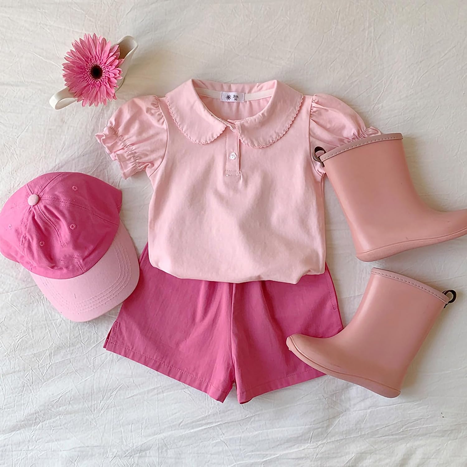 Girls Puff Short Sleeve T Shirts Kids Summer Lapel Collar Tops Cute Button Up Tees Cotton Solid Color Blouse