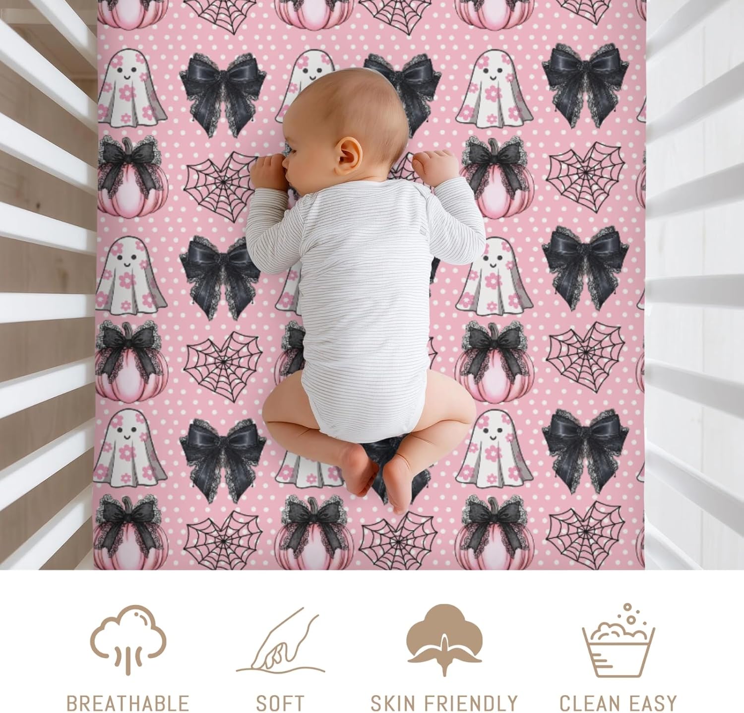 Cute Pumpkins Spiderwebs Bows Baby Crib Sheets for Girls Pink Halloween Soft Snug Fitted Crib Mattress Covers for 52''x28'' Standard Crib & Toddler Mattress Spooky Halloween Nursery Bed Sheets