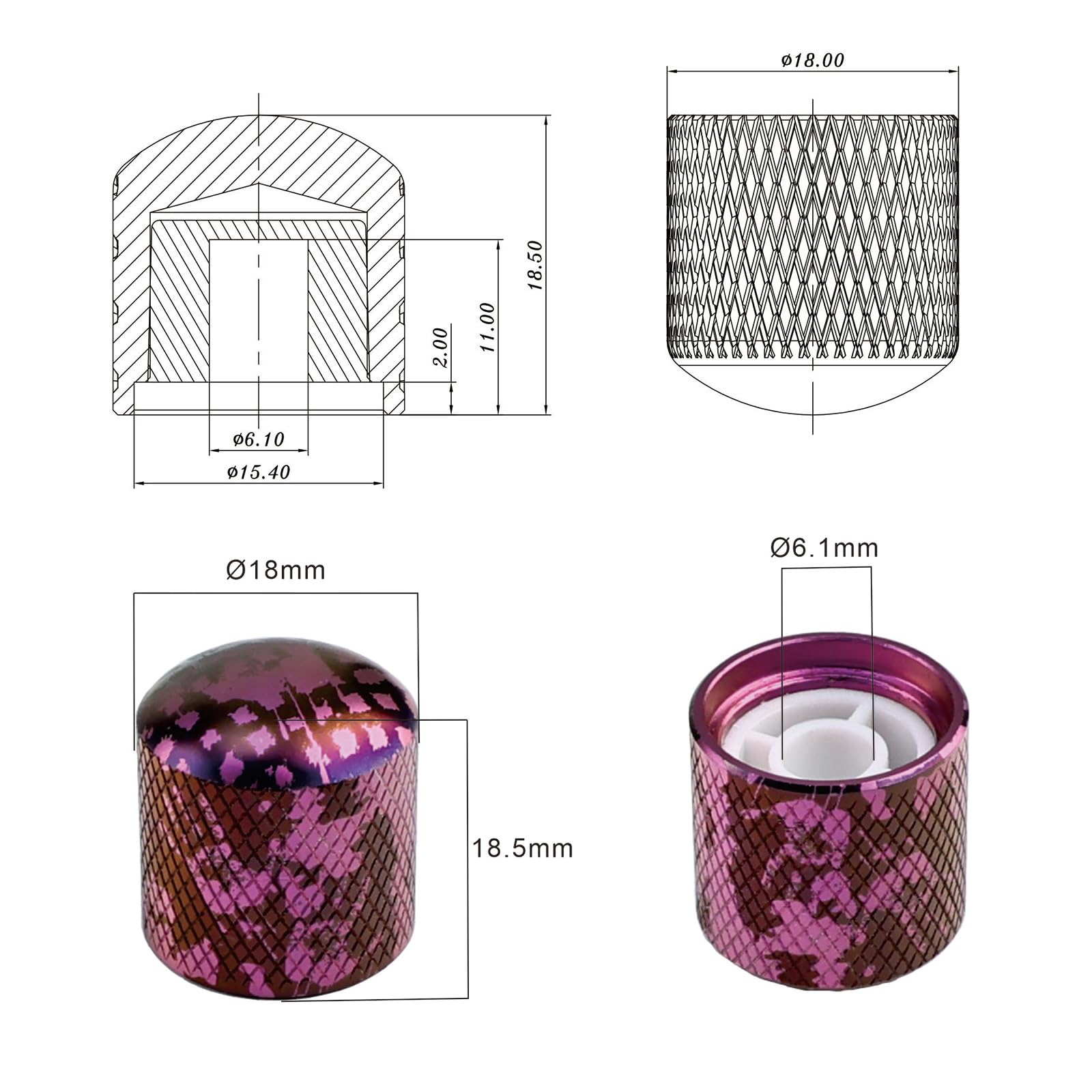 2 pomos de aleación de titanio para bajo eléctrico, cúpula de metal, control de tono de volumen, para Fender Strat ST Telecaster Tele Jazz Les Paul, piezas de repuesto (morado rosado)
