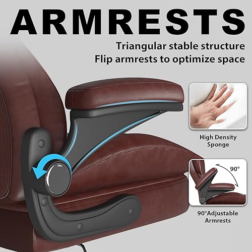 Miniatura 5 de Hovos Silla de oficina, ergonómica grande y alta silla de cuero de escritorio con brazos abatibles acolchados, bloqueo de inclinación ajustable,