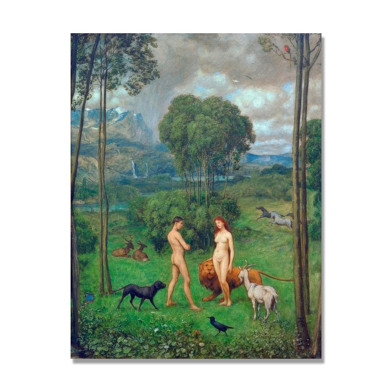 NHLDZYH Hans Thoma Style Canvas Wall Art - (In Paradise), German Romantic Realism Painting with Symbolic Nature, Rustic Country Home Decor. 70x90cm-27.6x35.4in. Only Canvas