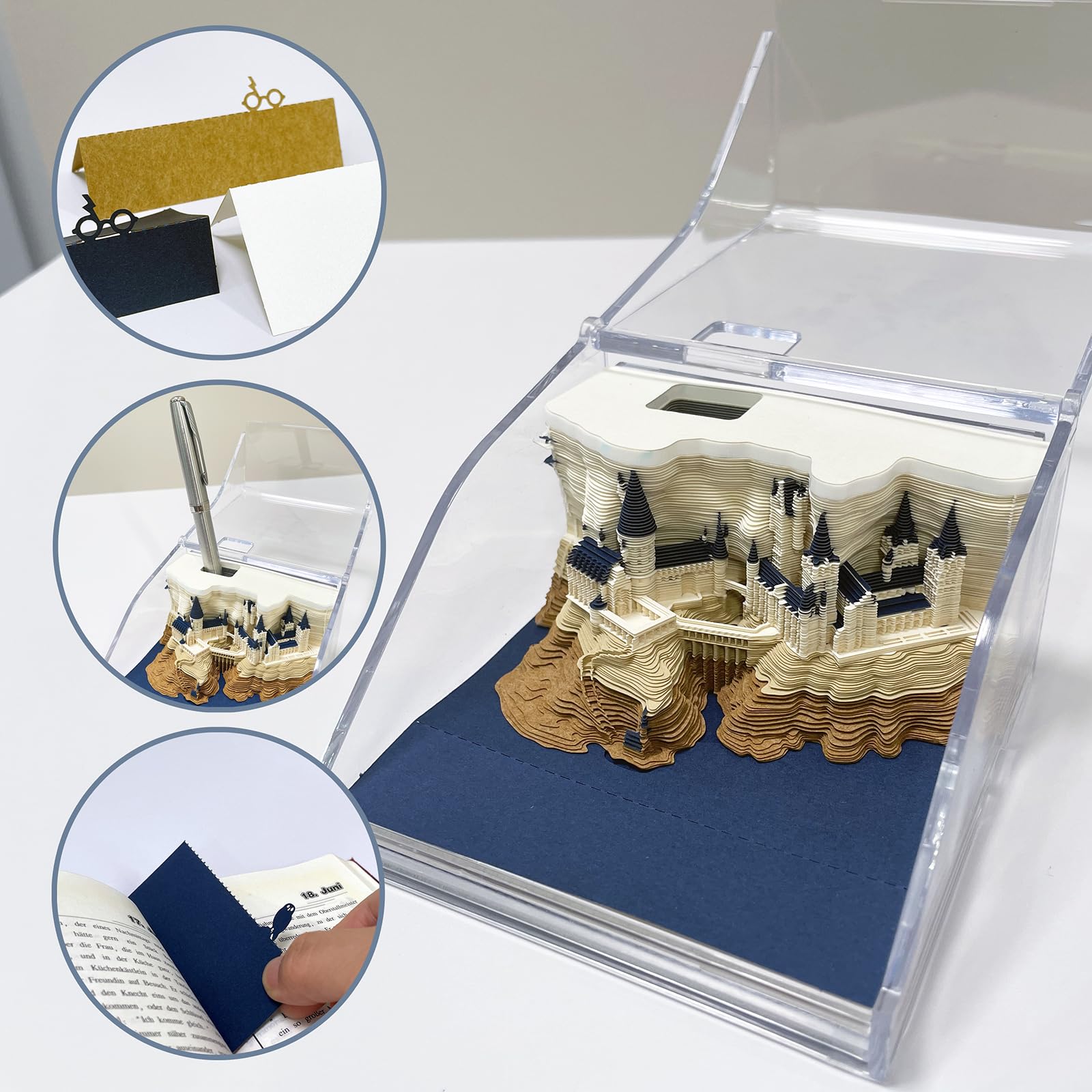 Blocco note 3D, non incollato, arte su carta 3D con scatola display trasparente, 9 x 9 x 5 cm, 150 fogli, centrotavola con modello di carta