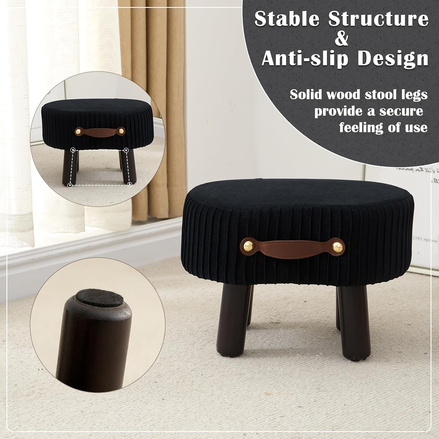 Small Ottoman Foot Rest,Foot Stool with Handle, Velvet Footstool Ottoman with Padded Seat, Curved Foot Rest Stool with Wooden Legs for Living Room, Entryway, Black