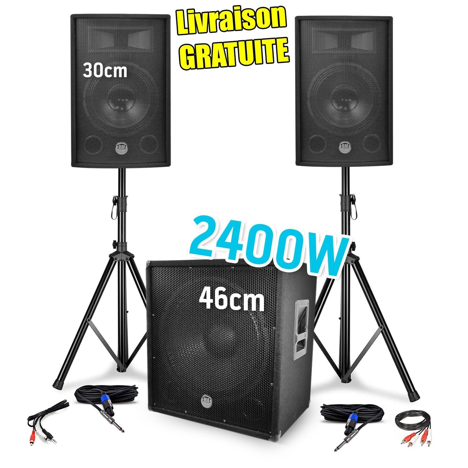 Pack Sono 2400W - 2 Enceintes 30cm/12 + Caisson 46cm/18 + Pieds + Câbles BM Sonic 1812