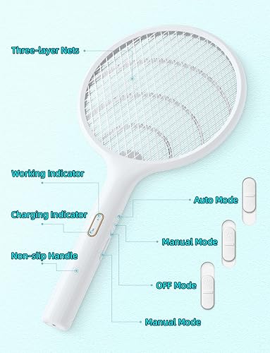 Miniatura 9 de YISSVIC Matamoscas eléctrico de 4000 V, raqueta matamoscas de insectos de doble modo con luz de mosquitos morada recargable para interiores y