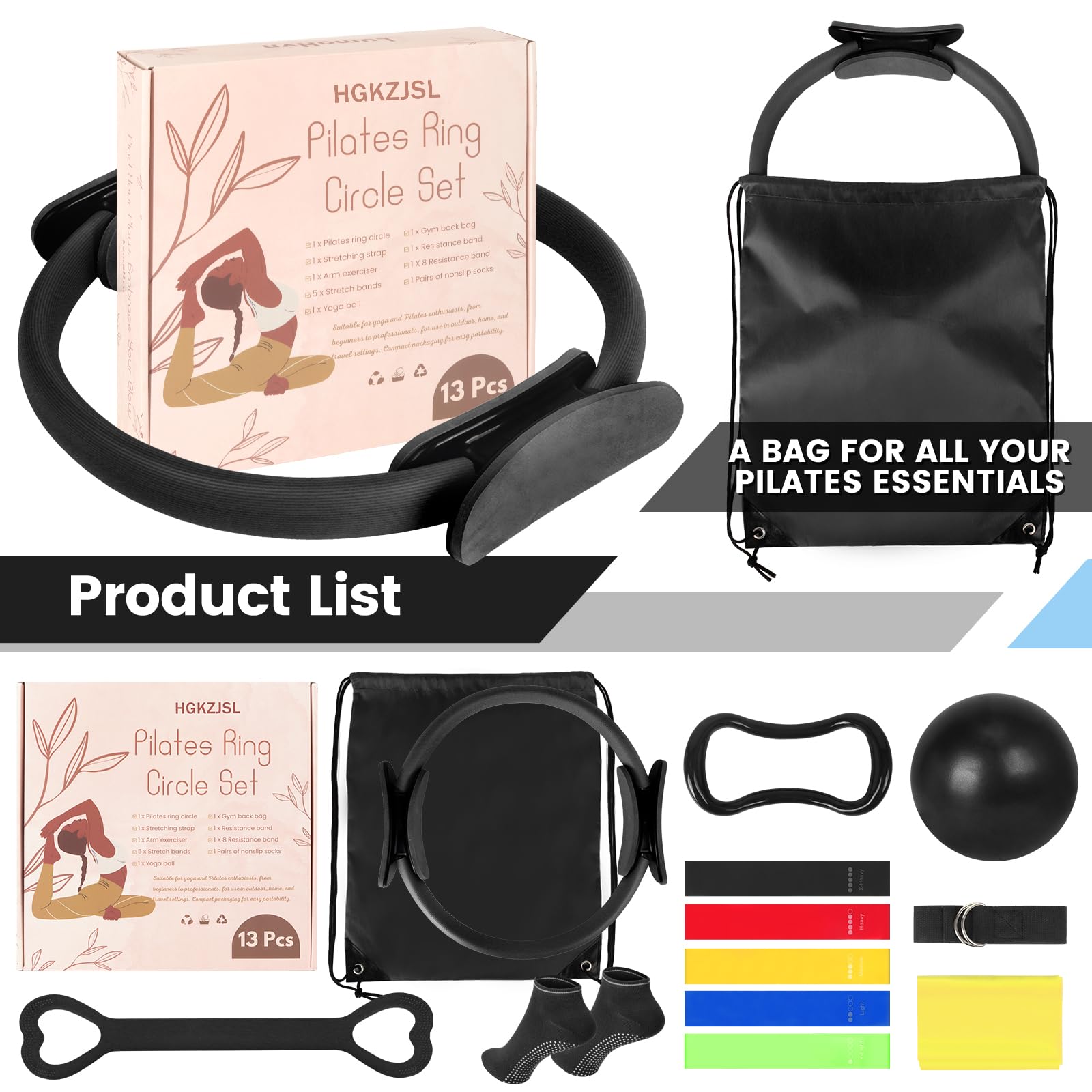 HGKZJSL Home Pilates Essentials Kit for Women,Pilates Equipment Set with 9 Inch Yoga Ball,Figure 8 Resistance Band,Pilates Bands & Accessories,Pilates Ring and Ball Set for Beginners Home Workouts