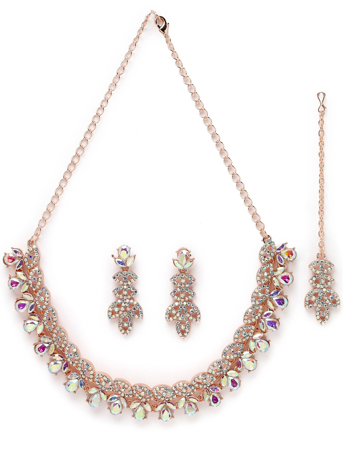 Sukkhi Lovely Rose Gold Plated Rainbow Stone Collar Bone Necklace Set With Earring And Maangtika | Jewellery Set For Women (NS105640) (B0CBBDJKRQ) Amazon Price History, Amazon Price Tracker