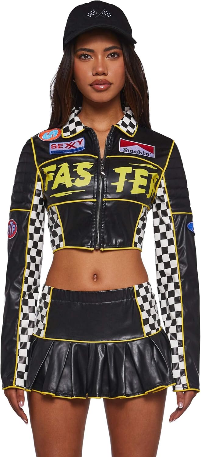 Dolls Kill Racer Costume by Trickz N’ Treatz – Women’s Faux Leather Crop Jacket with Mini Skirt & Racing Cap