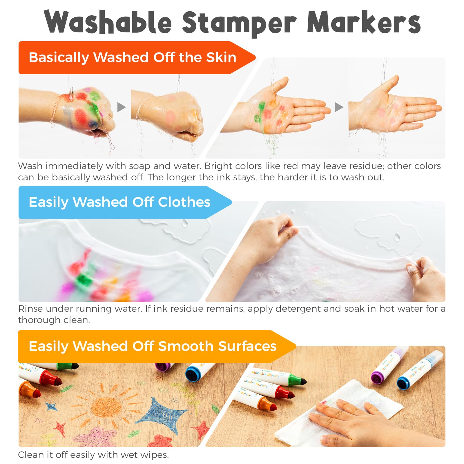 Ohuhu Washable Markers for Kids 12 Vibrant Colours Felt Tip Pens with Stampers, red, pink, orange, yellow, brown, green - Image 3