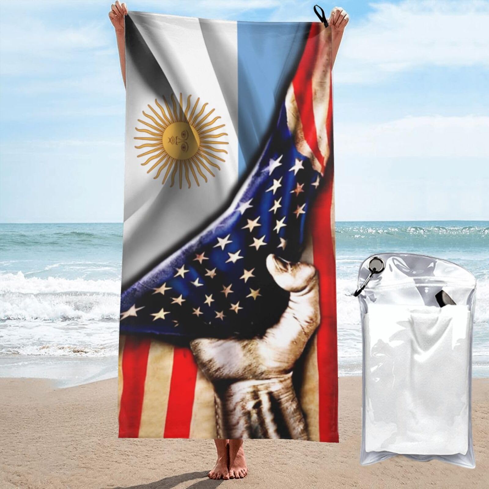 HACXZ Microfiber Beach Towel America Flag and Argentina Flag Large Camping Towel Bathroom Beach Towels