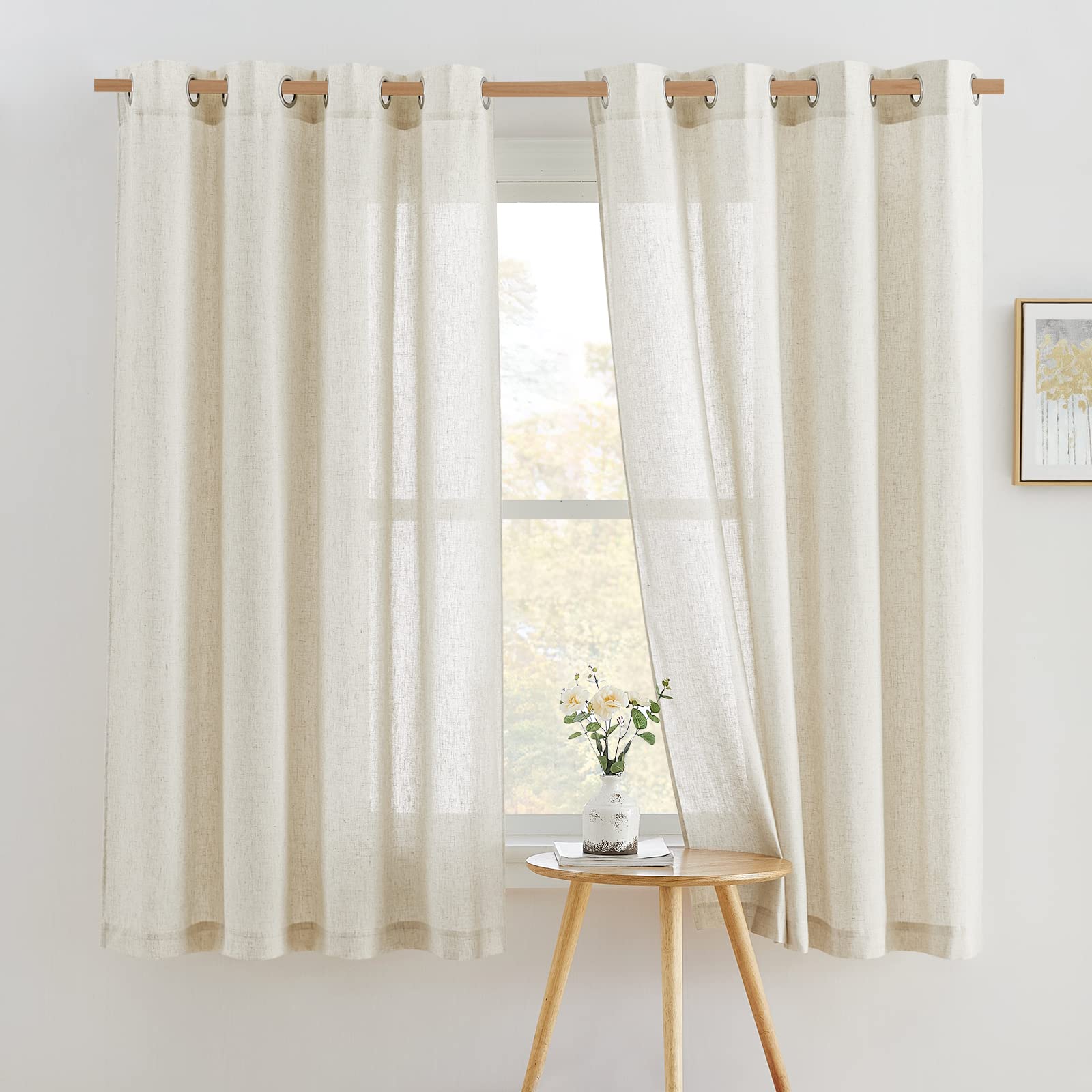 NICETOWN Linen Textured Semi Sheer Curtains 63 inches Length, Eyelet Top Bedroom Window Privacy Translucent Light Filtering Flax Sheer Drapes for Guest Room, 52 inches Wide, 2 PCs, Grey