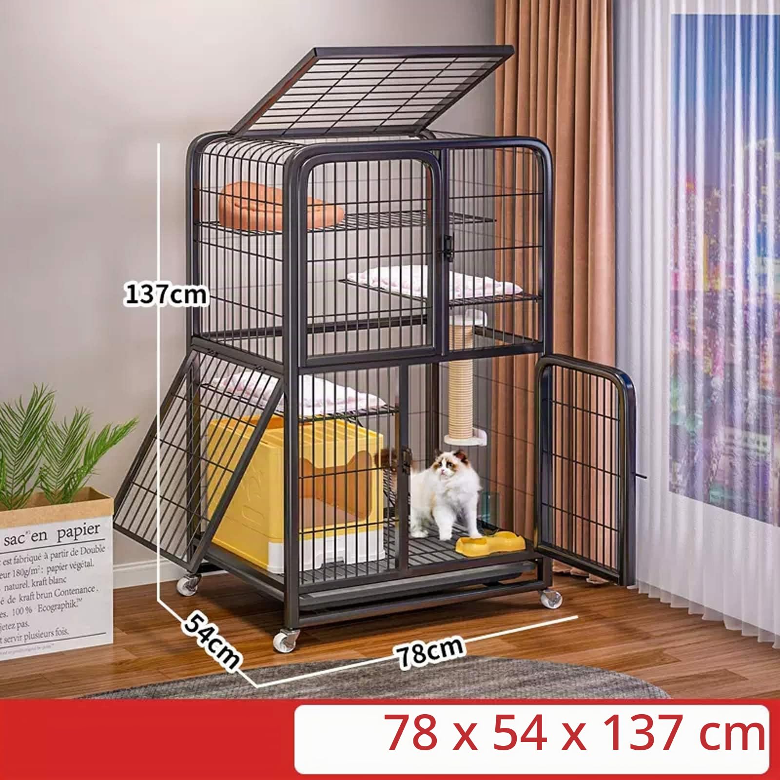 Gabbie per Gatti da Interno a 4 Ripiani con lettiera, Gabbia per Animali Domestici di Grandi Dimensioni, recinto per Gatti Extra Large Staccabile, Ruote girevoli a 360°, Piedini a griglia,