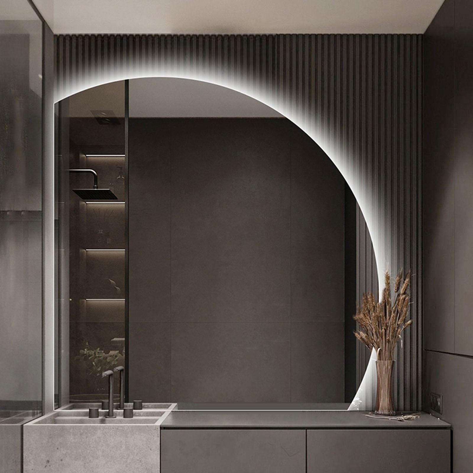SXFSDOU 40in 32in Backlit Smart Bathroom Mirror with 3-Colors LED, 36in 28in Dimmable Anti-Fog Frameless Half Moon Wall Decorative for Bedroom Vanity(Left Under Cut,28inch/70cm)
