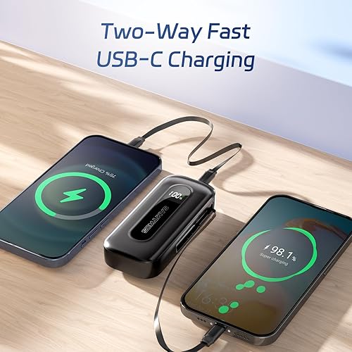 Miniatura 4 de SAMTWOS Cargador portátil de 10000 mAh, PD 30 W, cargador de batería de carga rápida integrado de 1.9 pies para viajes, batería de 2 salidas para