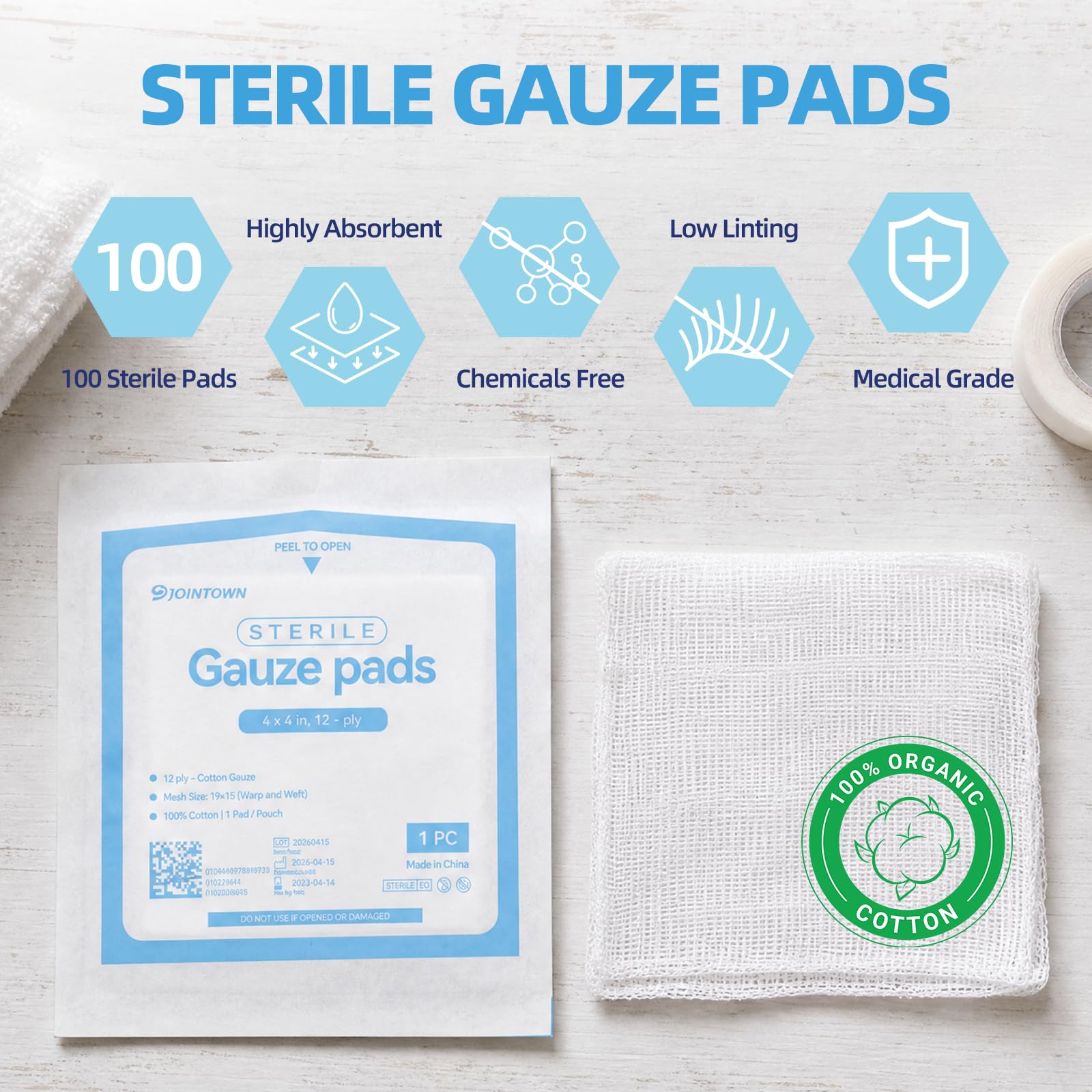 Jointown 100-Pack Sterile Gauze Pads 4x4 Inch, 100% Cotton Large 12-Ply Woven Gauze Sponges, Wound Care, Highly Absorbent Medical-Grade First Aid Dressing Pads — Amazon image 2