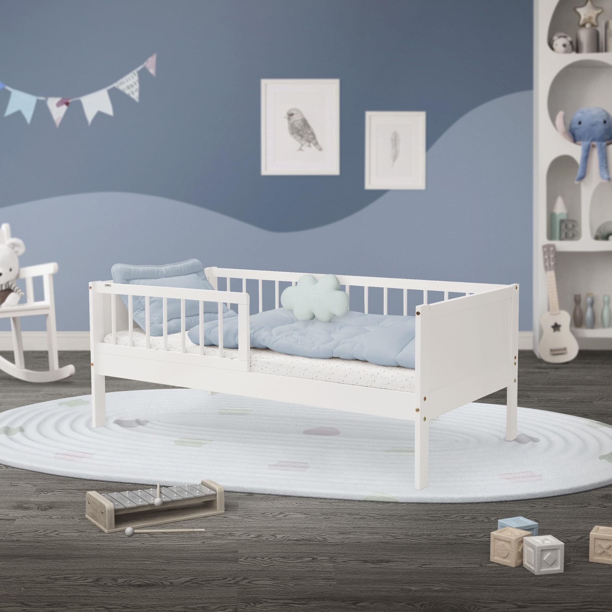 ML-Design Kinderbett 70x140 cm, Weiß, Einzelbett für Kinder mit Lattenrost und Rausfallschutz, Jugendbett aus Kiefernholz, Holzbett, Bettgestell für Jungen & Mädchen, Massivholz Babybett Kleinkindbett