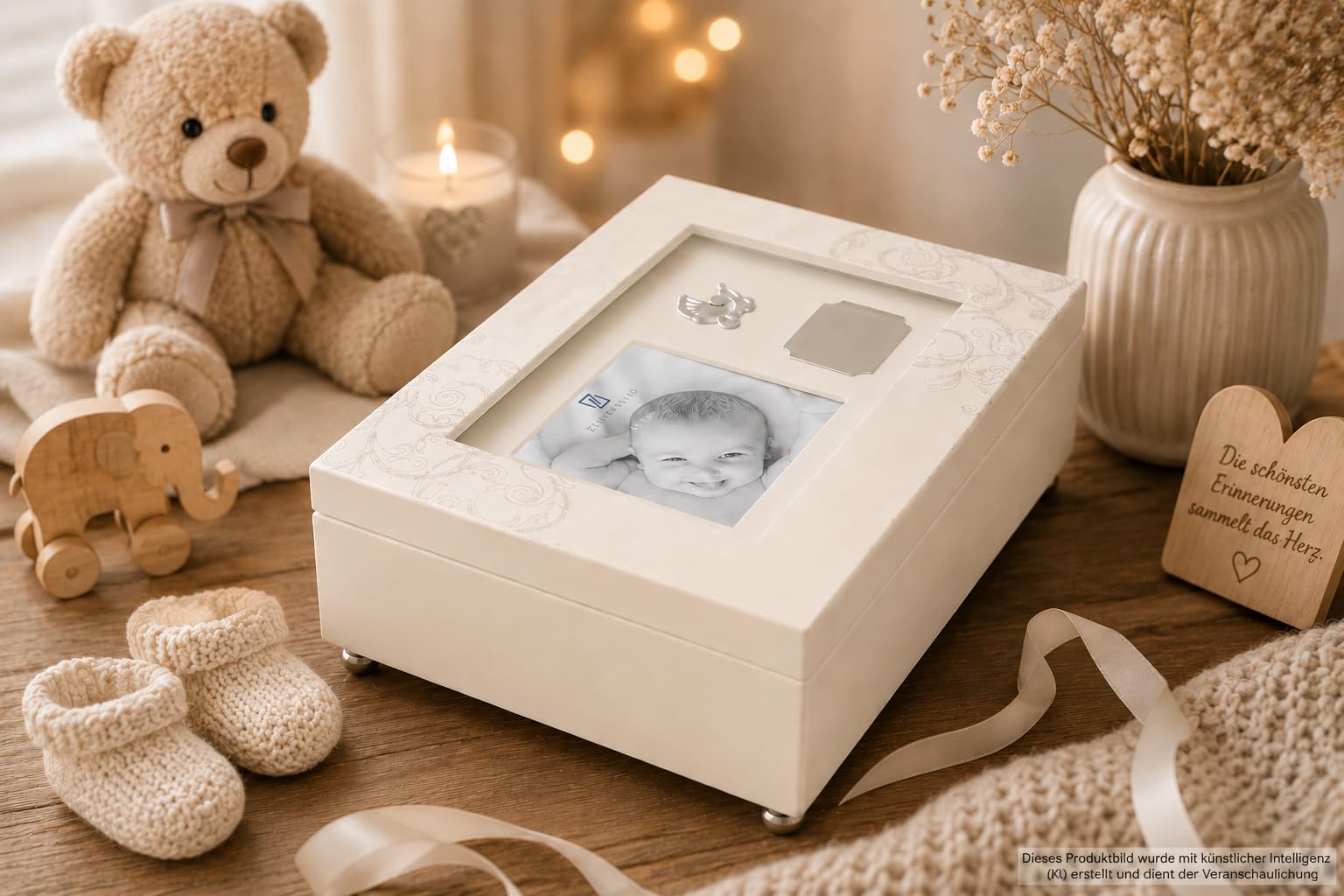 Scatola dei ricordi per bambini con carillon e scomparto per foto, personalizzabile, bianco caldo
