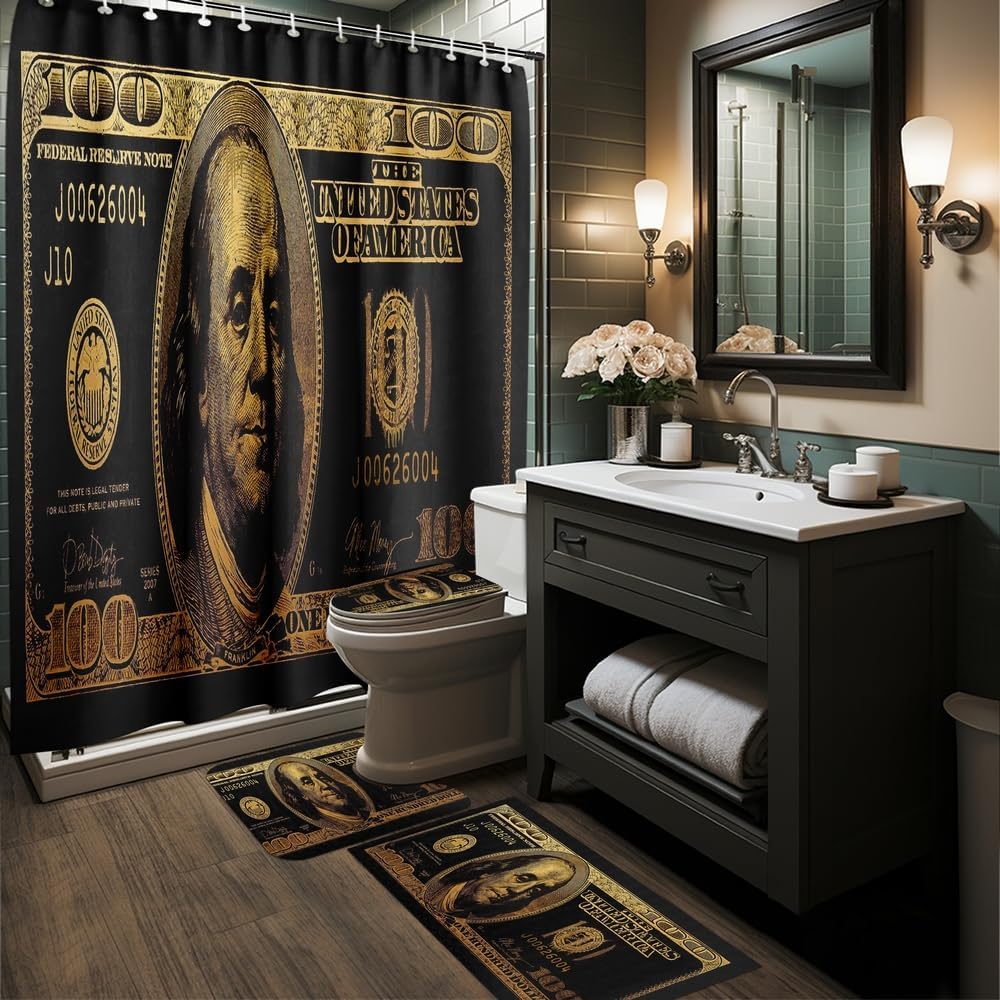 GUBIYU Black Gold 100 Dollar Bill Bathroom Set with Money Shower Curtain and Bills Rugs, Cool Bathroom Accessories 4 Pieces