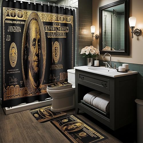 Miniatura 7 de GUBIYU Juego de baño de billetes de 100 dólares de oro negro con cortina de ducha y alfombras de billetes, accesorios de baño geniales 4 piezas
