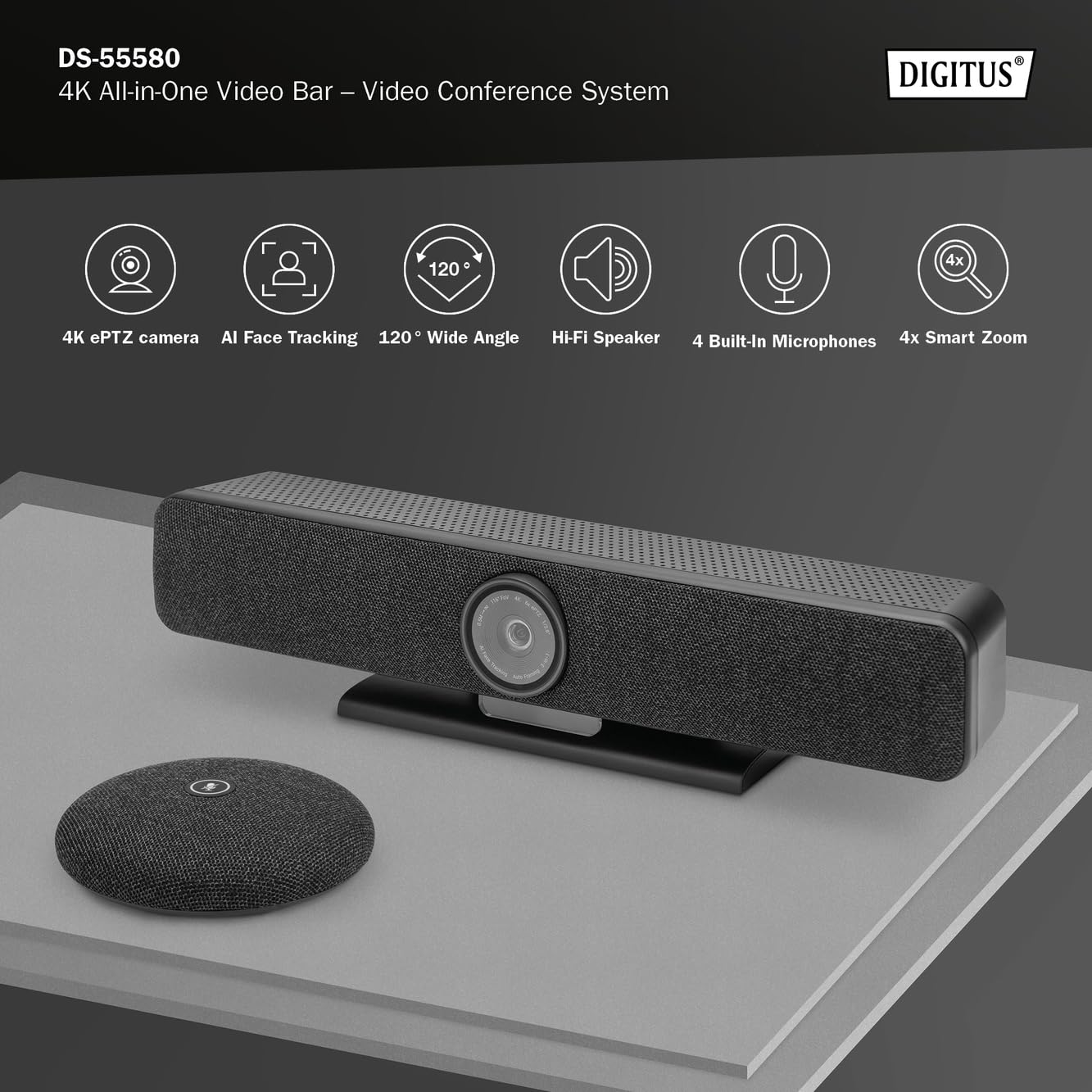 DIGITUS DS-55580 Video Bar Pro, system wideokonferencyjny - kamera internetowa 4K UHD 30 Hz ePTZ - 1 mikrofon biurkowy i 4 mikrofony wewnętrzne - głośniki - automatyczna regulacja ostrości i zoomu