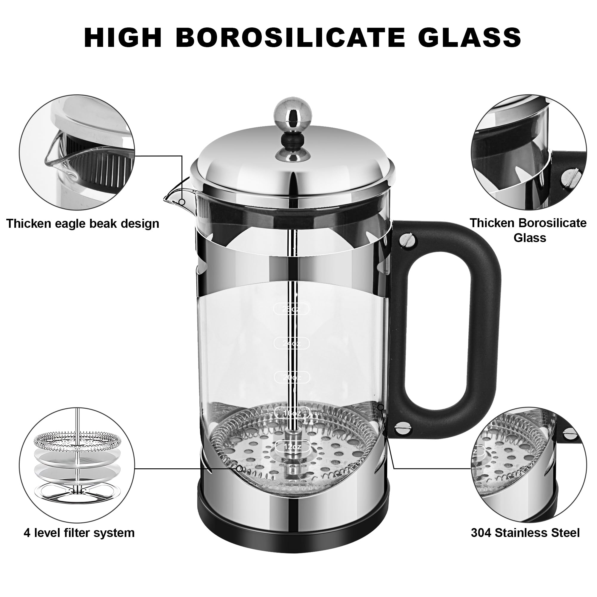YMMIND Cafetera de prensa francesa de 34 onzas, prensa de café de acero inoxidable cromado, con sistema de filtro de 4 niveles, vidrio de borosilicato de grosor resistente al calor, cafetera preparada