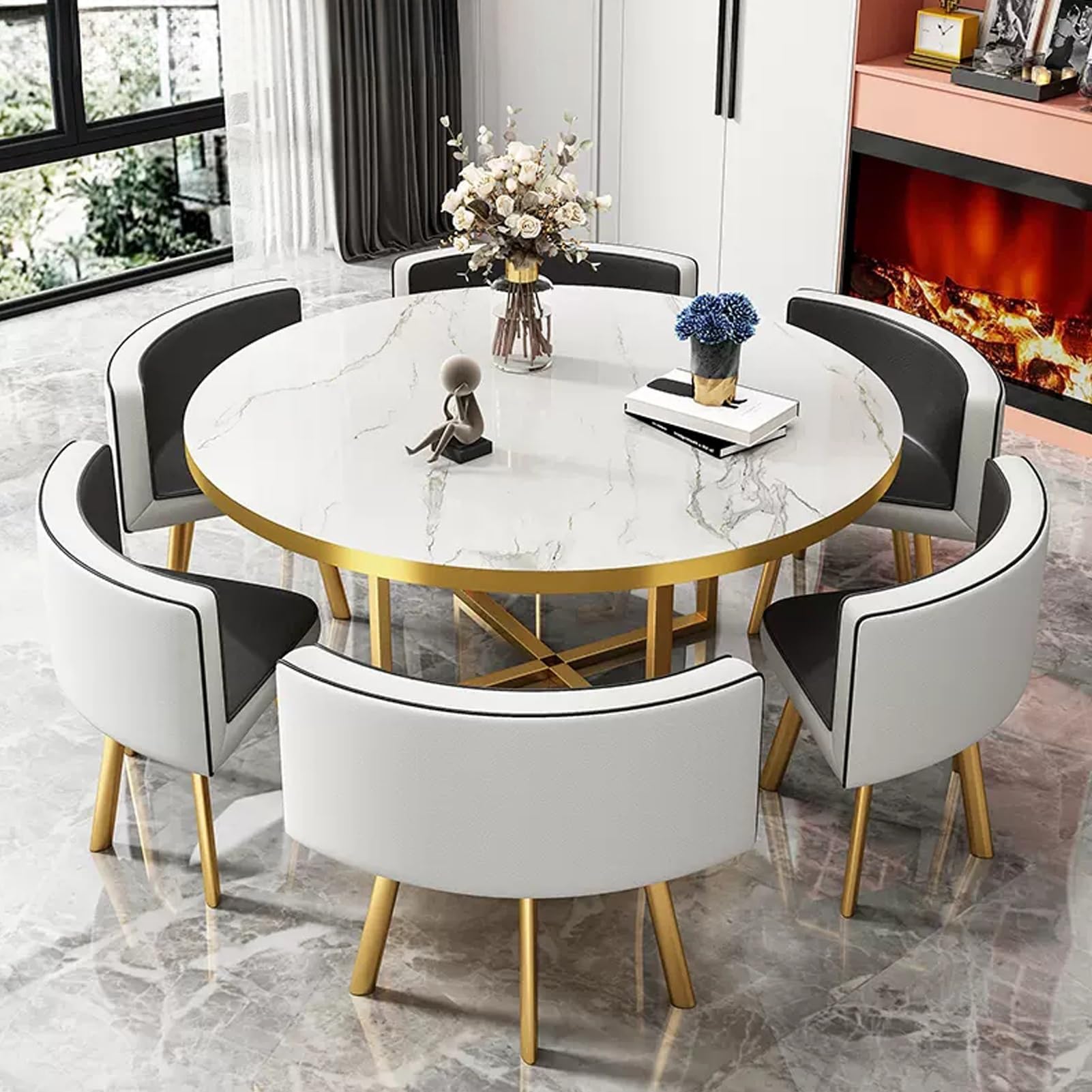 YUGXTH - Juego de mesa redonda moderna con 6 sillas que ahorran espacio, ideal para reuniones de oficina, comedores y trabajos colaborativos, diseño elegante y funcional