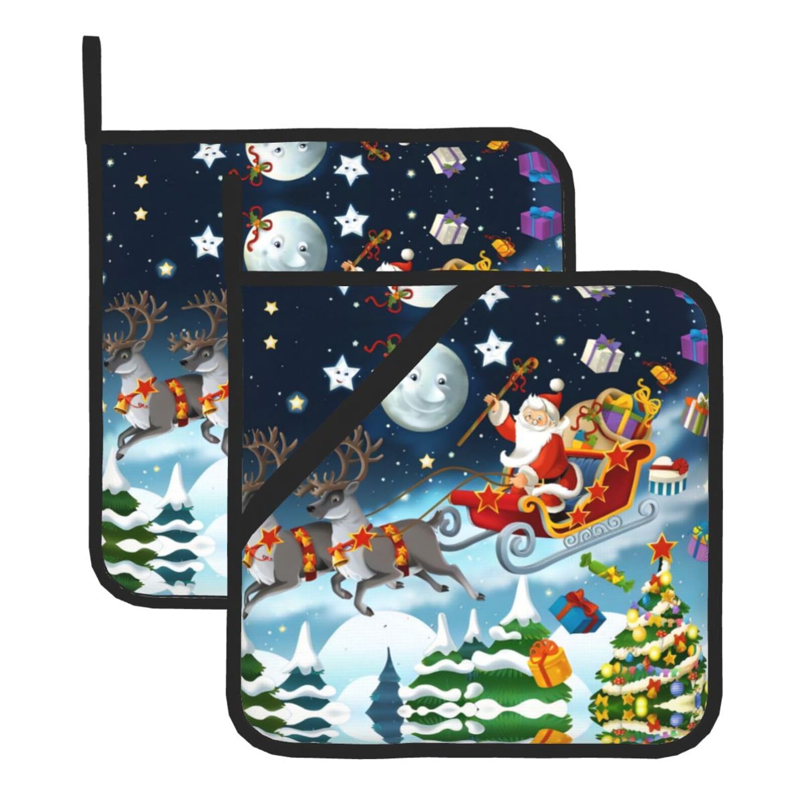Yyhwhjde Black Merry Christmas Santa Claus Reindeer Sled Prints Square Hot Pads For Kitchen Counters - Waterproof Pot Covers With Hanging Loop For Serving & Bbq, Set Of 2 (One With Pocket)