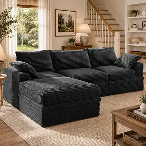 Upgraded Boneless L-Shaped Couch with Storage and Ottoman, Gray, 107"