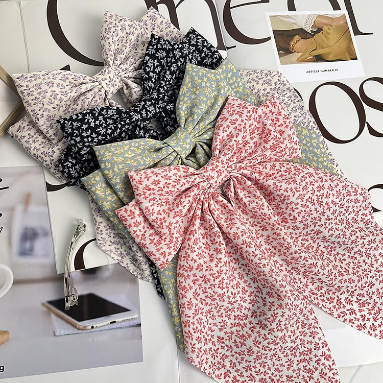 4Pcs Floral Hair Bows Silky Satin Bows Oversized Long Tail Hair Bow Clips Barrettes Big Bowknot Hair Accessories Trendy Stuff for Women Girl(Pink+Black+Purple+Green) - Image 3