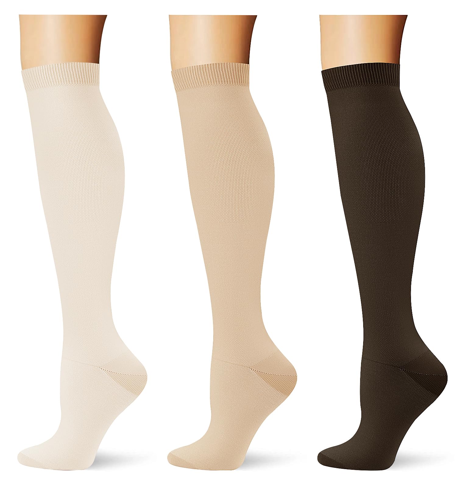 Photo 1 of (3 pairs) Compression Socks 20-30 mmHg Long Knee High Socks for Women and Men Beige/Nude/Coffee L/XL
