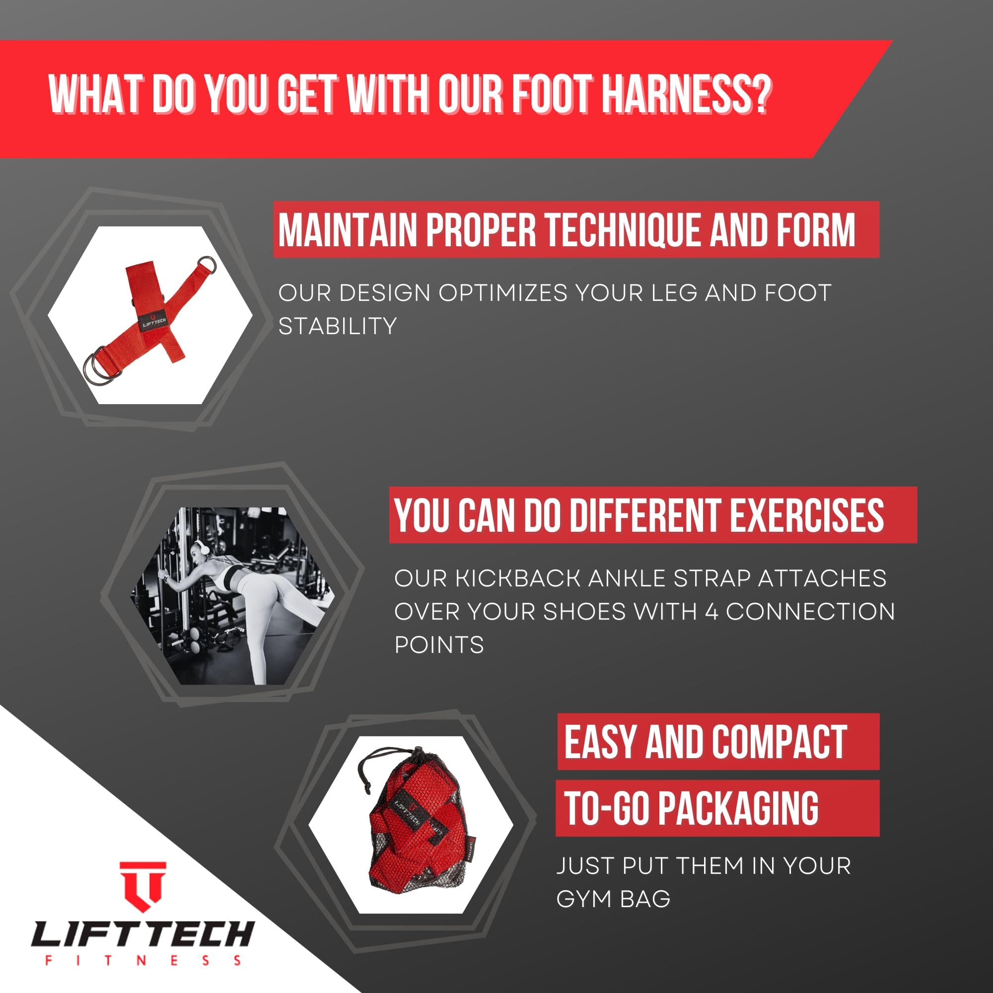 Lift Tech Fitness COMP Foot Harness (Pair of 2) - Adjustable Glute Kickback Ankle Strap - Comfortable Cable Ankle Attachments for Gym & Home Workouts - Pair of 2, Red