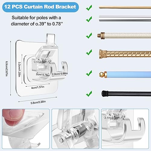 Miniatura 2 de 12 soportes para barra de cortina sin taladrar, soporte universal autoadhesivo para barra de cortina, colgadores de cortina para baño, cocina y hogar