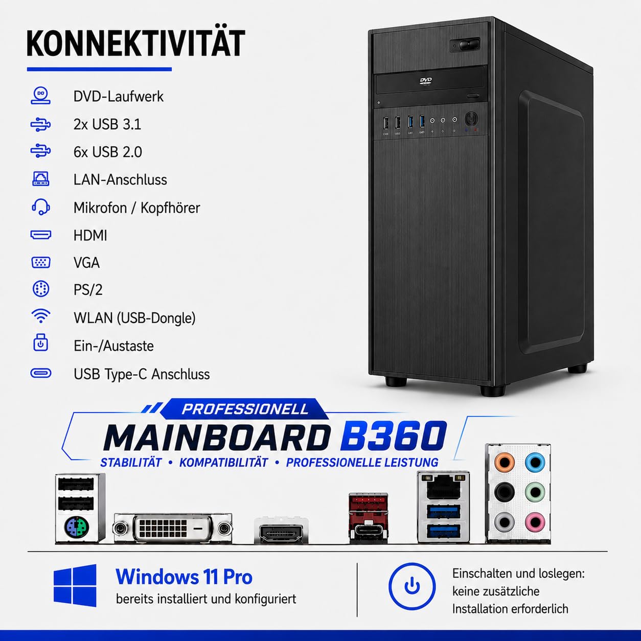 (Germania) PC Fisso Desktop NUOVO • Cpu intel core i7-8700 • 32GB RAM DDR4 • 1Tb SSD nvme • Windows 11 Pro • WiFi • Office 365 • Pronto All'Uso • USB 3.0 • wifi • Professionale per Ufficio