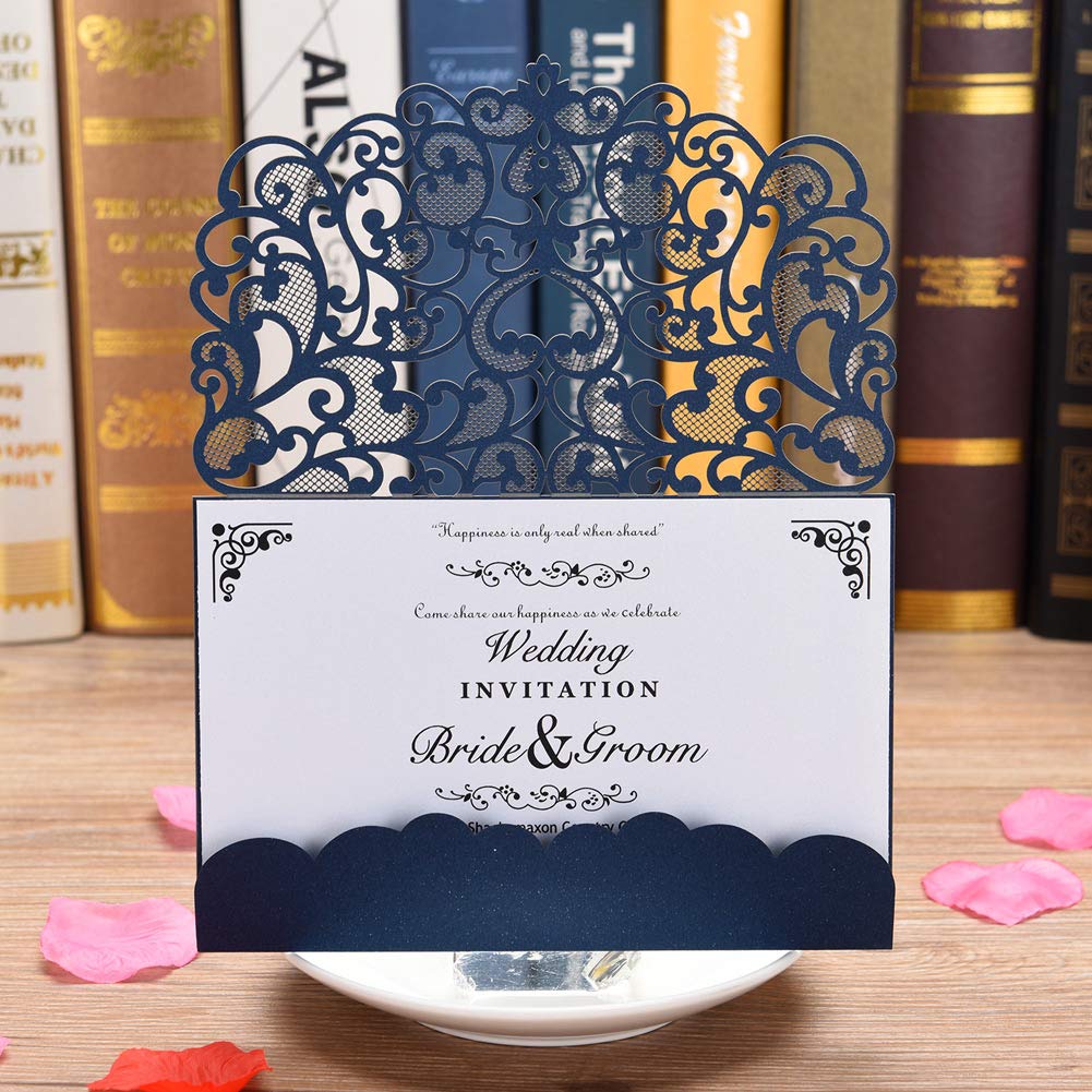 Eleva Confezione da 50 biglietti di invito per matrimonio, tagliati al laser, con carta bianca stampabile e buste, blu navy