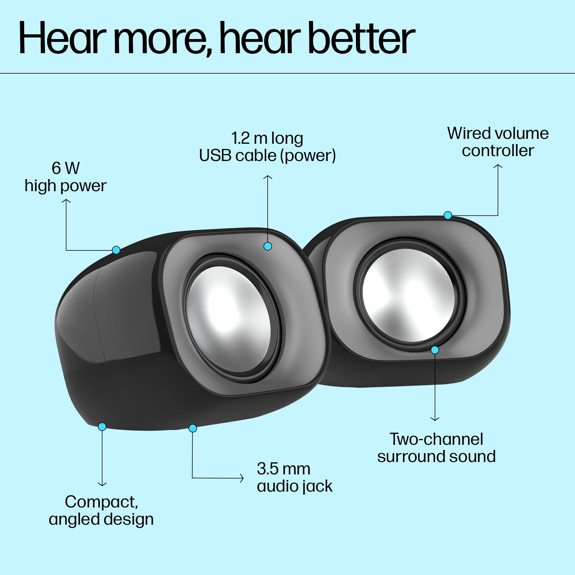 HP DHS-2111 Wired Speaker, 2-Channel Surround Sound, 3.5mm aux connectivity, PC and Phone Compatible, Easy Volume Controls, 1-Year Warranty, 0.27 kg, Black, 8C575AA — Amazon image 8