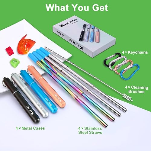 Miniatura 4 de Kynup Pajitas reutilizables, paquete de 4 popotes plegables de metal portátiles, reutilizables, plegables, de acero inoxidable, popote telescópico