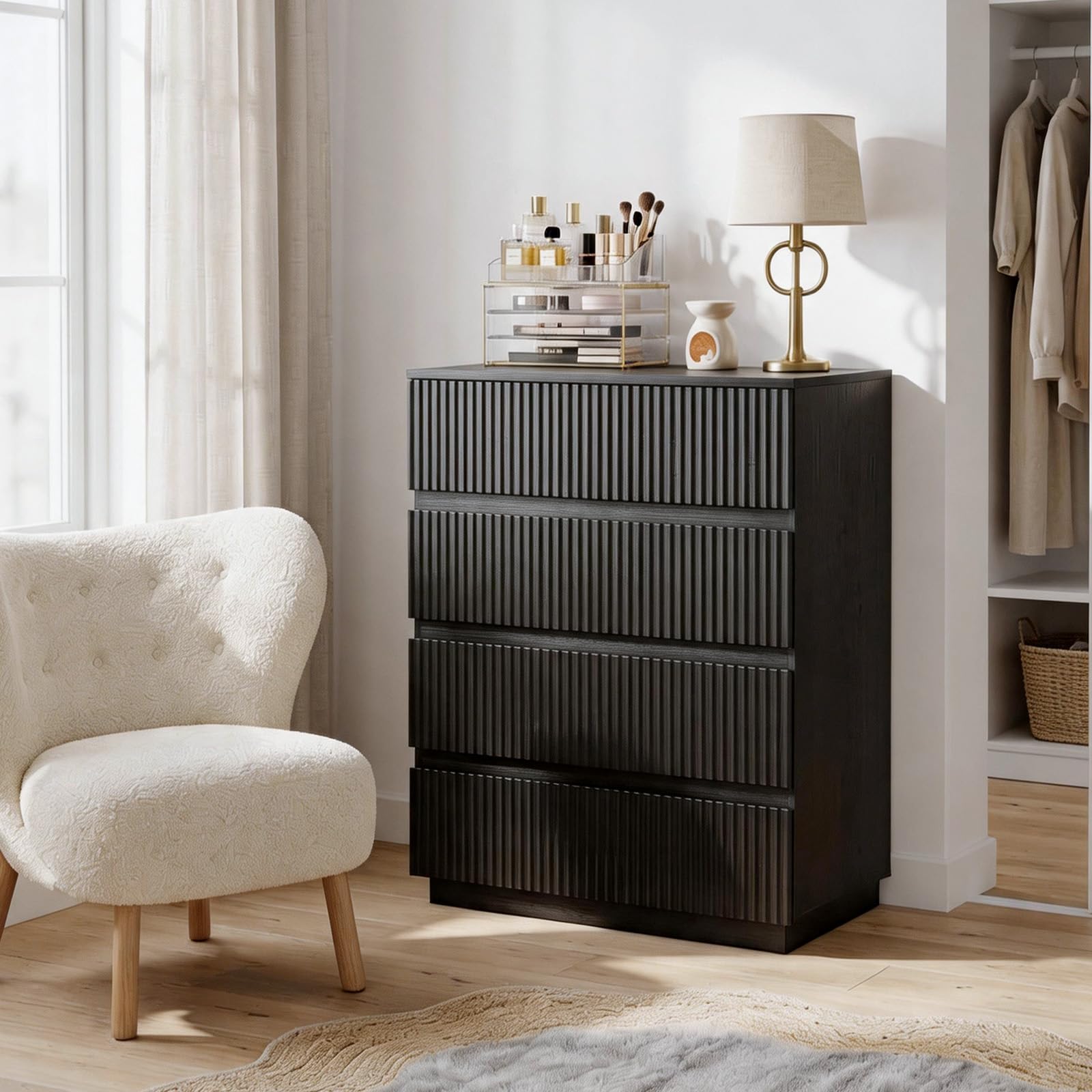 LEADZM Kommode Schwarz mit 4 Schubladen, Schubladenschrank 60 x 38 x 78 cm