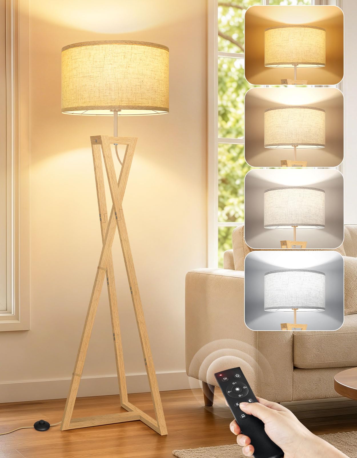 OUTON Wood Tripod Floor Lamp with Wooden Base and Linen Drum Shade, Standing Lamp with Remote Control, Dimmable & 4 Color Temperatures, Sturdy Design Standard Lamp for Living Room, Office, Bedroom