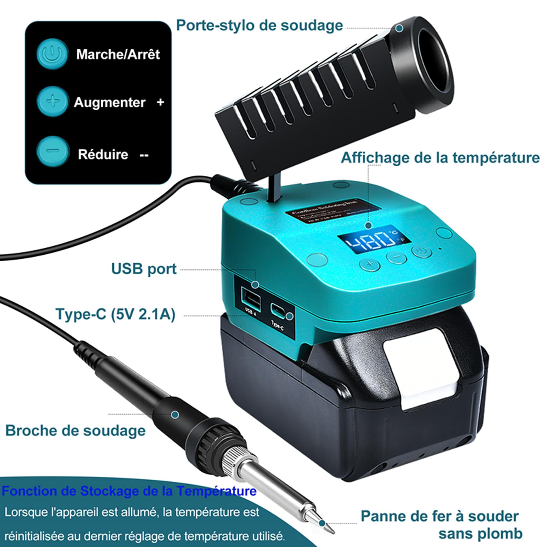 de fer à Souder sans fil Compatible Avec Batterie Makita 18V, de Soudure Portable Avec écran LCD, Conversion de Température C°/F°, ports USB &Type-C pour Bricolage, Réparation D'appareils, Bleu